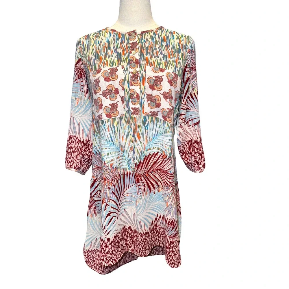 Fig and Flower Women Mixed Print Tunic Top 3/4 Sleeve Multicolor‎ Small NWT